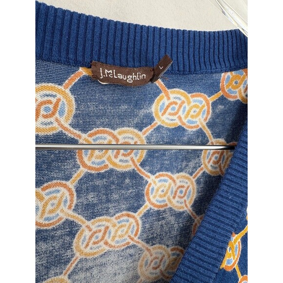 J. McLaughlin Large Cardigan Kristyn Blue Gold Heraldic Knot Chain Sweater - Picture 5 of 7